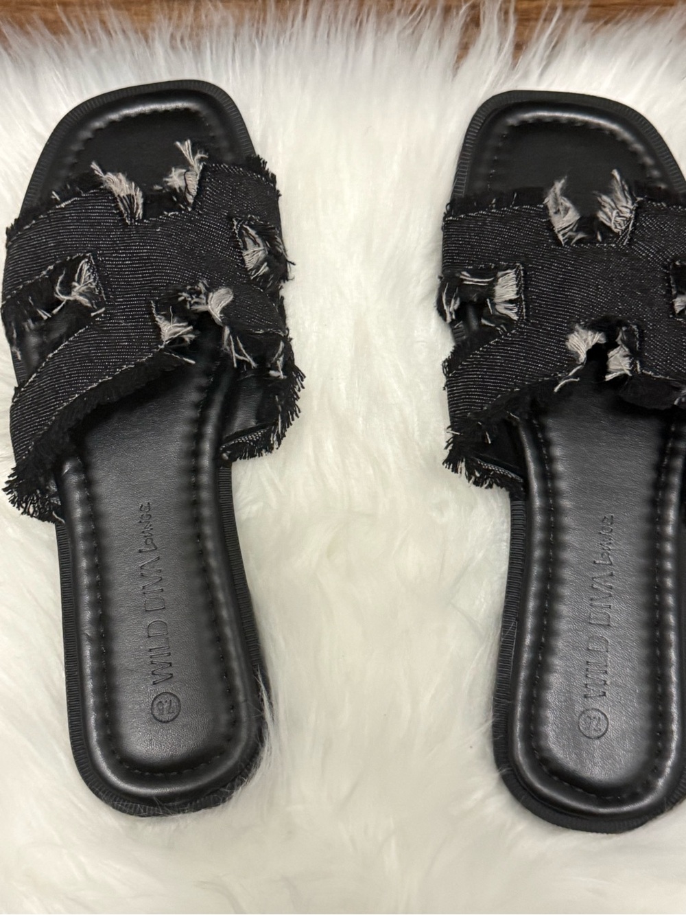 Wild Diva Black Frayed Slide Sandals